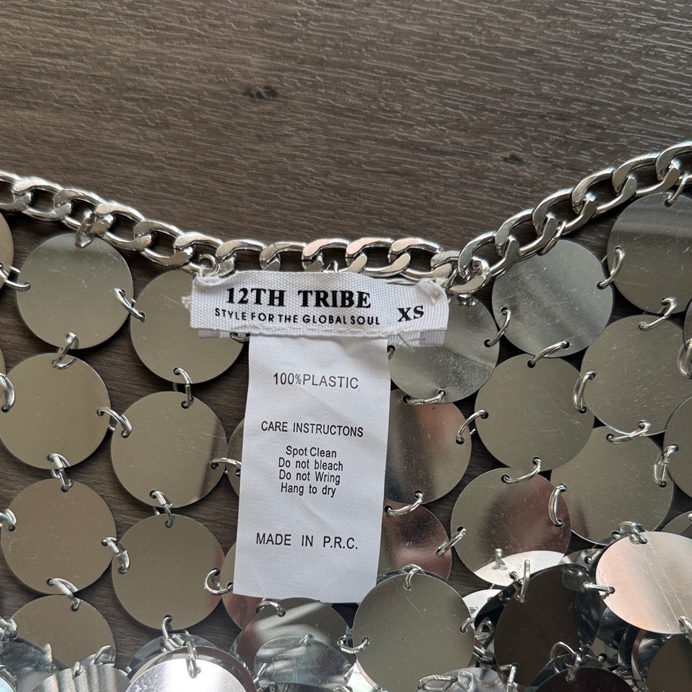 12th Tribe Silver Chainmail Disc Mini Dress XS Festival Mirror Dress - Picture 2 of 4